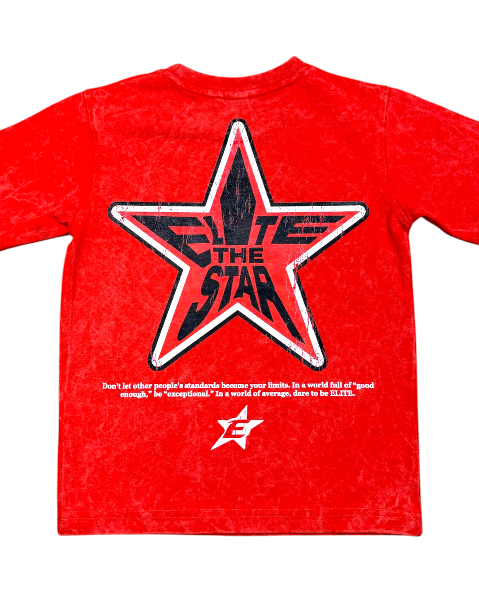 Red t-shirt with a star graphic and text on a white background