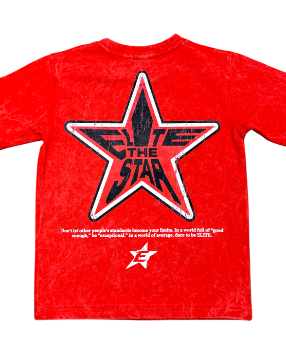 Red t-shirt with a star graphic and text on a white background