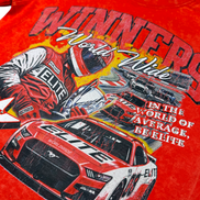 Red t-shirt with race car graphic and text on a white background