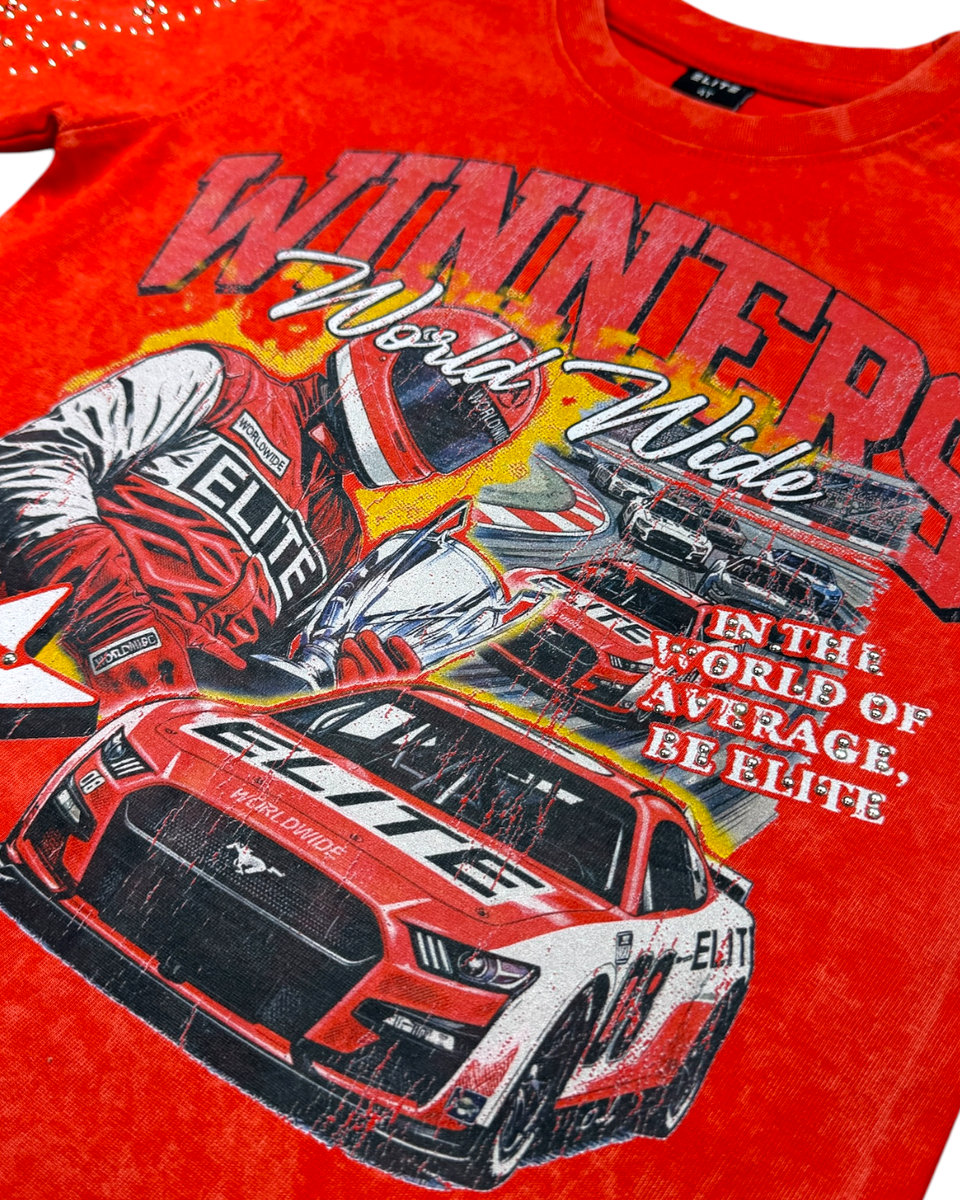 Red t-shirt with race car graphic and text on a white background