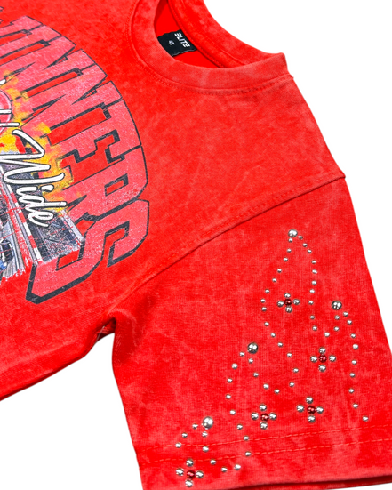 Red tank top with graphic design and rhinestone details on a white background