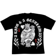 Black t-shirt with white graphic design and text on a white background