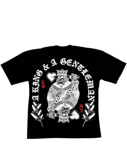 Black t-shirt with white graphic design and text on a white background