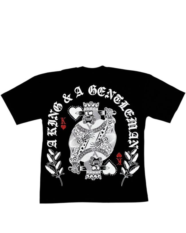 Black t-shirt with white graphic design and text on a white background
