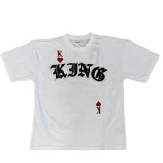 White t-shirt with 'KING' text and card suits on a white background