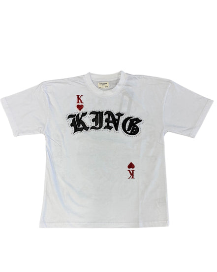 White t-shirt with 'KING' text and card suits on a white background