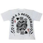 White t-shirt with black graphic design on a white background