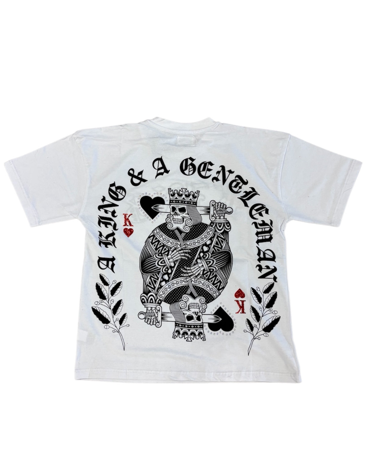 White t-shirt with black graphic design on a white background