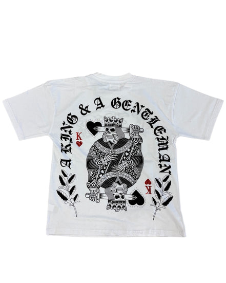 White t-shirt with black graphic design on a white background