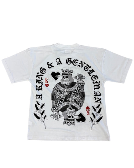 White t-shirt with black graphic design on a white background