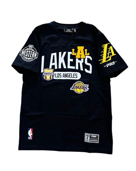 Black Los Angeles Lakers t-shirt with multiple logos on a white background