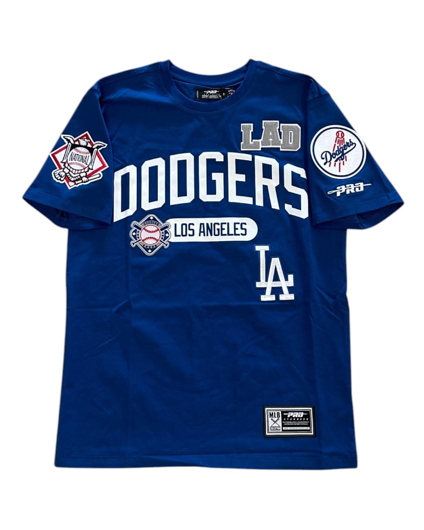 Blue Los Angeles Dodgers t-shirt with team logos on a white background