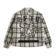 Plaid jacket with graphic design on the back against a white background