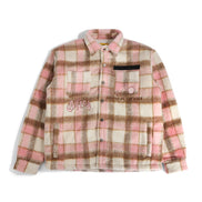 Plaid jacket with pink and brown pattern on a white background