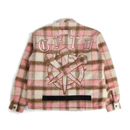 Pink and brown plaid jacket with graphic design on a white background