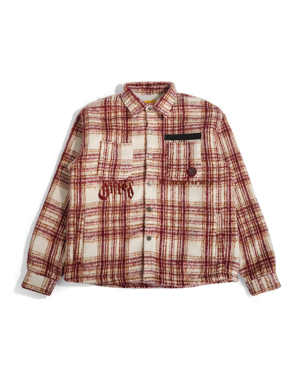 Plaid shirt with a logo on a white background