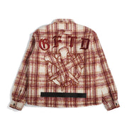 Plaid jacket with graphic design and text on a white background