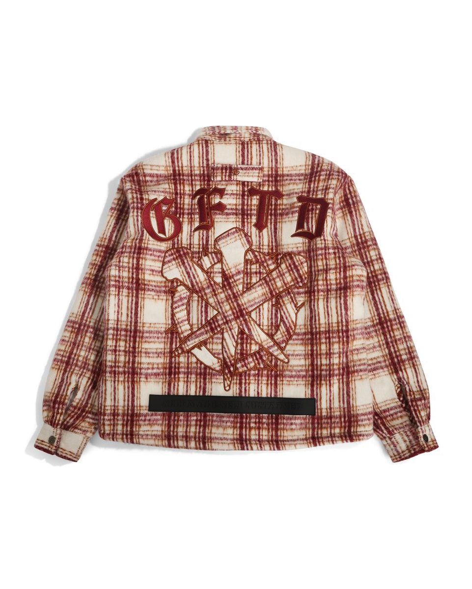 Plaid jacket with graphic design and text on a white background