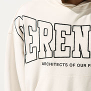 White hoodie with black text on a white background