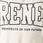 White hoodie with black text 'RENE' and 'ARCHITECTS OF OUR FUTURE' on a white background