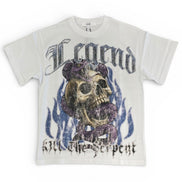 White t-shirt with skull and flames design on a white background