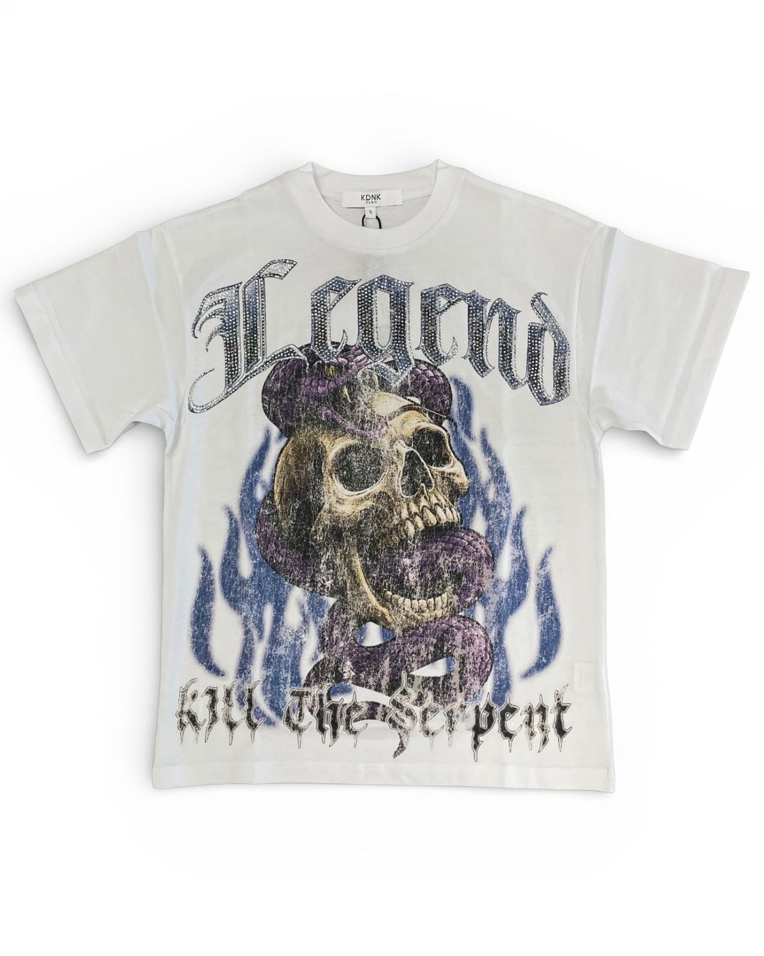 White t-shirt with skull and flames design on a white background