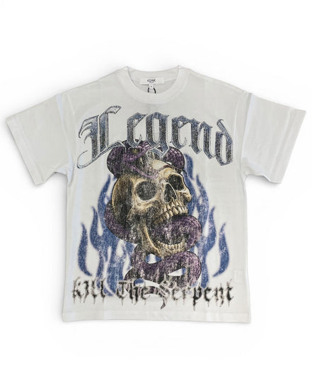 White t-shirt with skull and flames design on a white background
