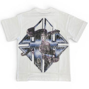 White t-shirt with geometric graphic design on a white background
