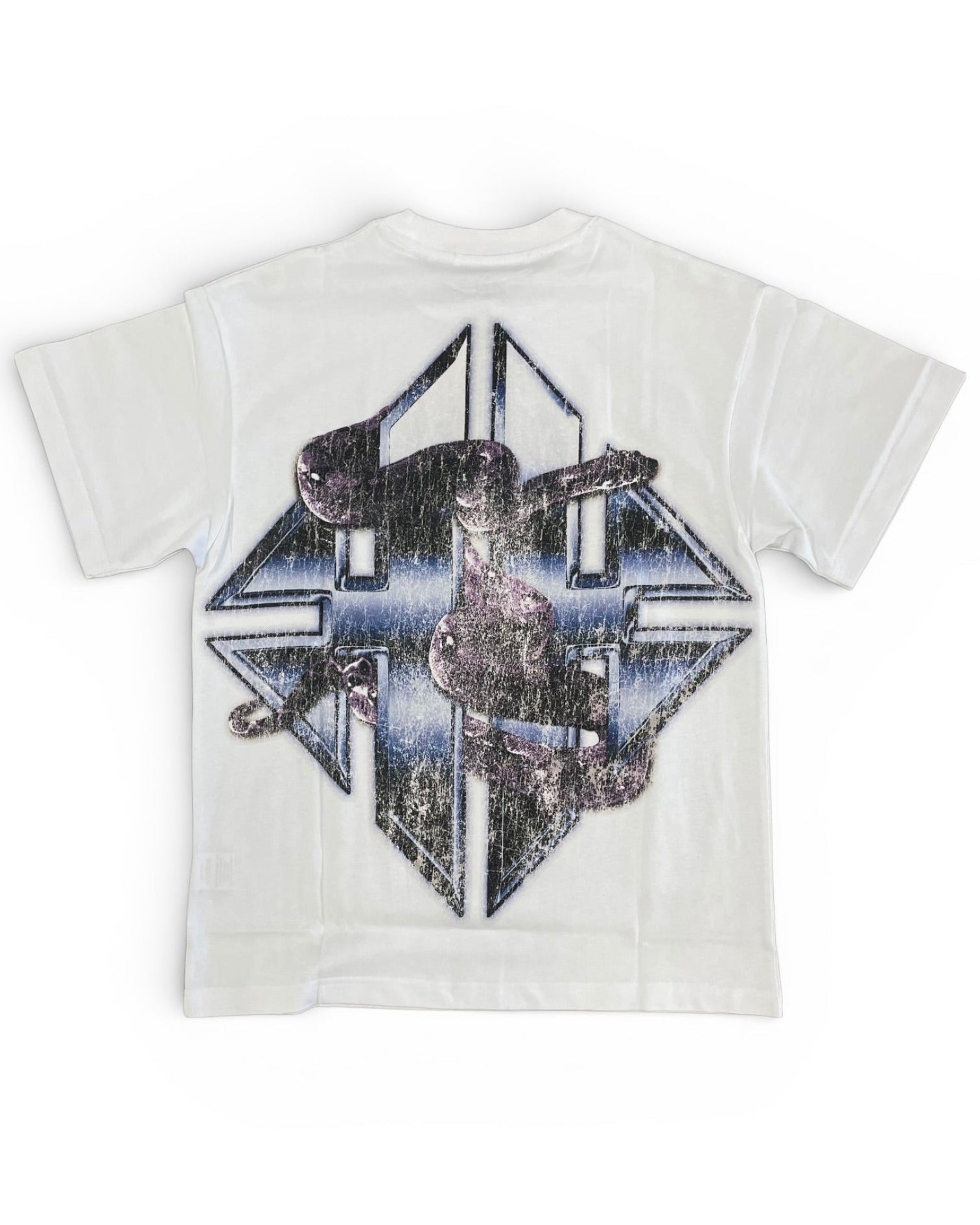 White t-shirt with geometric graphic design on a white background