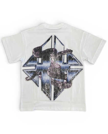 White t-shirt with geometric graphic design on a white background