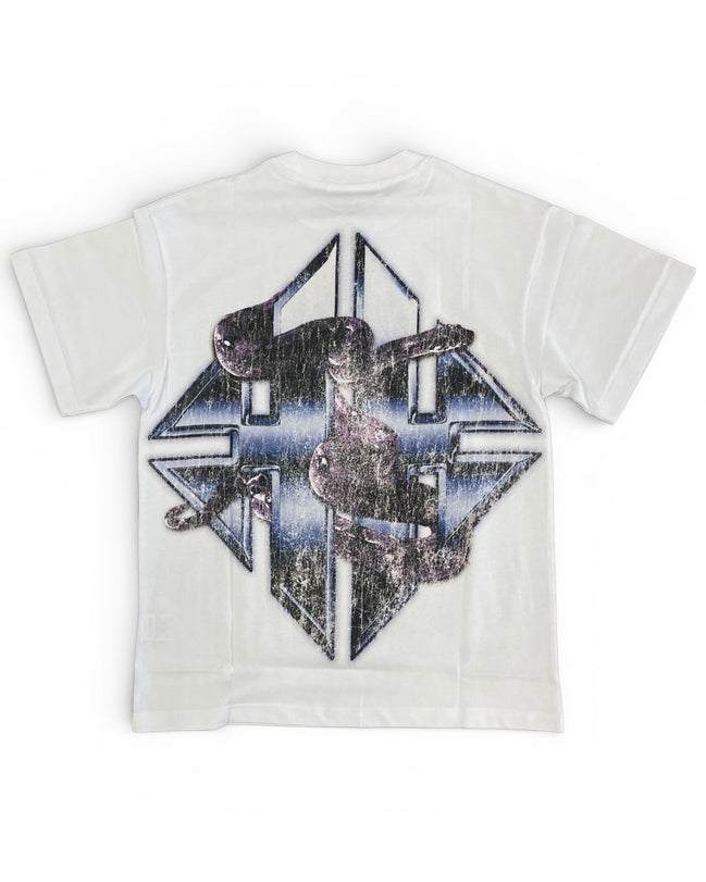 White t-shirt with geometric graphic design on a white background