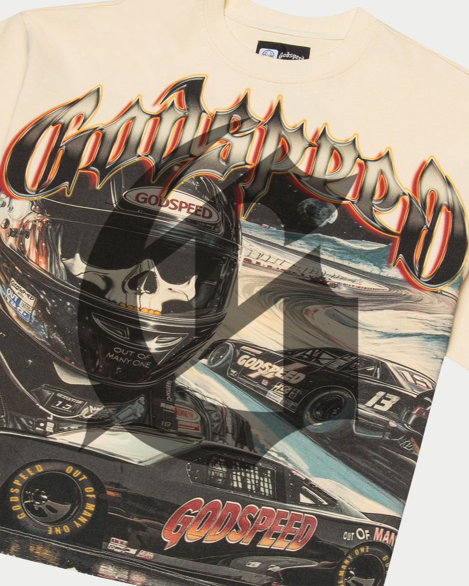 T-shirt with racing helmet and car design on a beige background