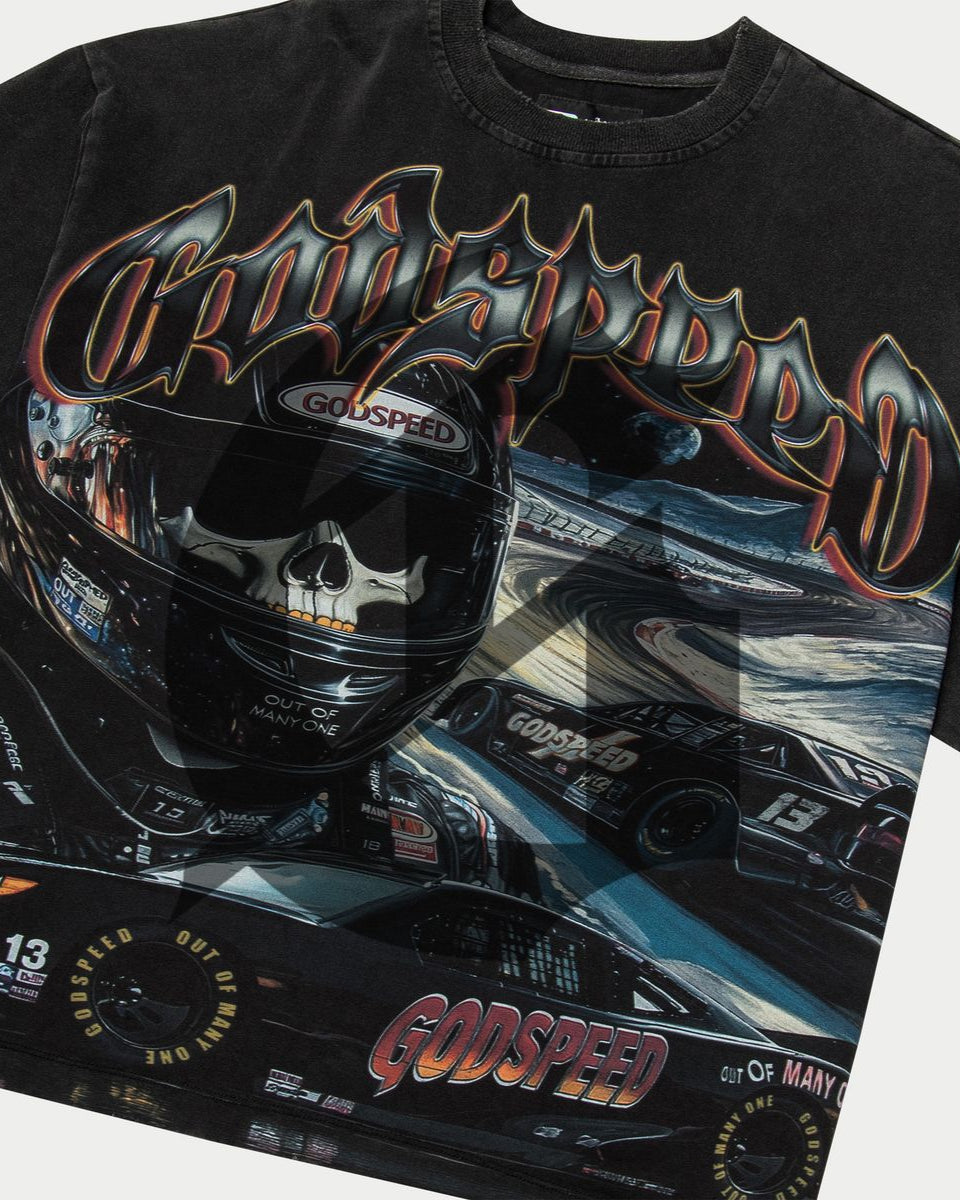 Black t-shirt with Goospeed racing helmet and car design on a white background