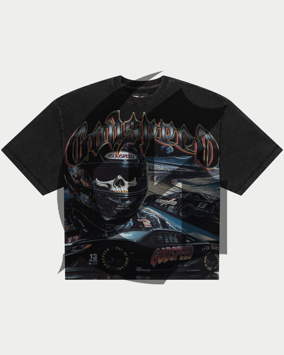 Black t-shirt with a graphic design of a helmet and motorcycle on a light gray background