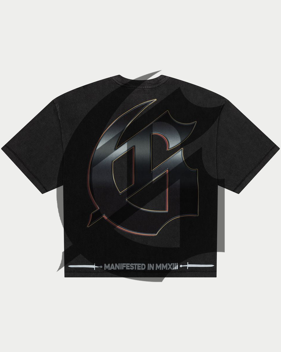 Black t-shirt with a large logo on a light gray background