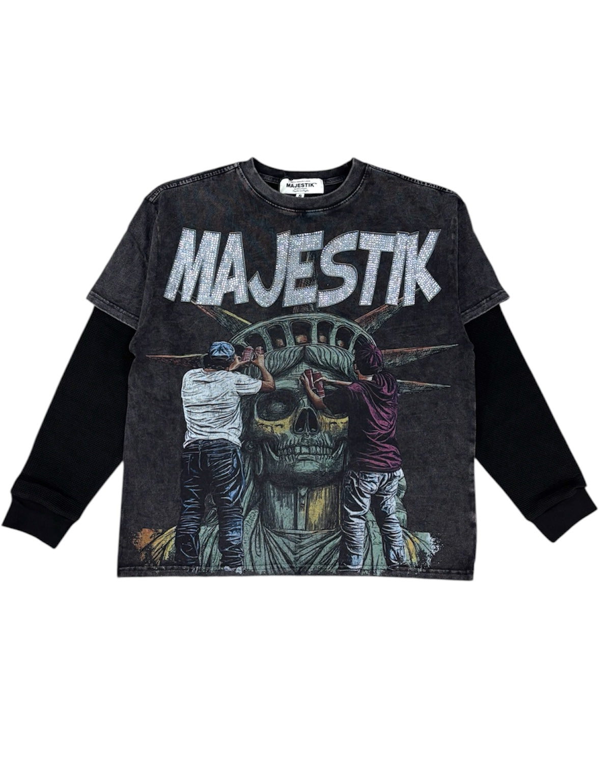 Black long-sleeve shirt with 'MAJESTIK' text and graphic design on a white background