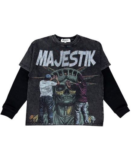 Black long-sleeve shirt with 'MAJESTIK' text and graphic design on a white background