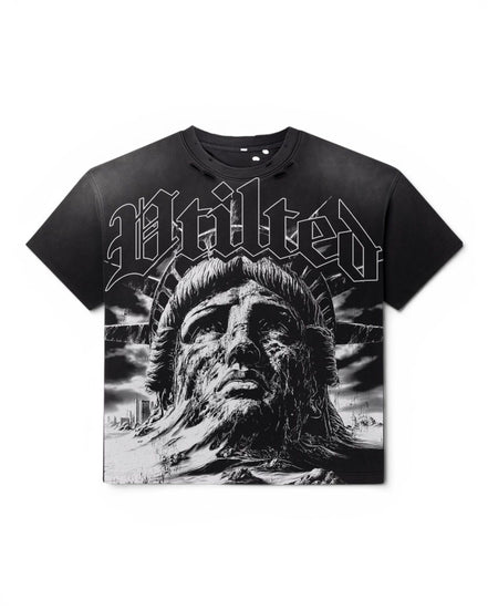 A black short-sleeve graphic t-shirt featuring a large black and white print of the Statue of Liberty's face and the word 'Vtilted' in a gothic font across the chest, shown against a plain white background.