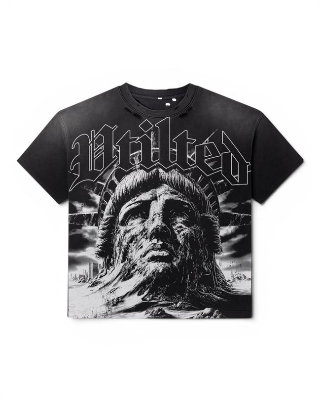 A black short-sleeve graphic t-shirt featuring a large black and white print of the Statue of Liberty's face and the word 'Vtilted' in a gothic font across the chest, shown against a plain white background.