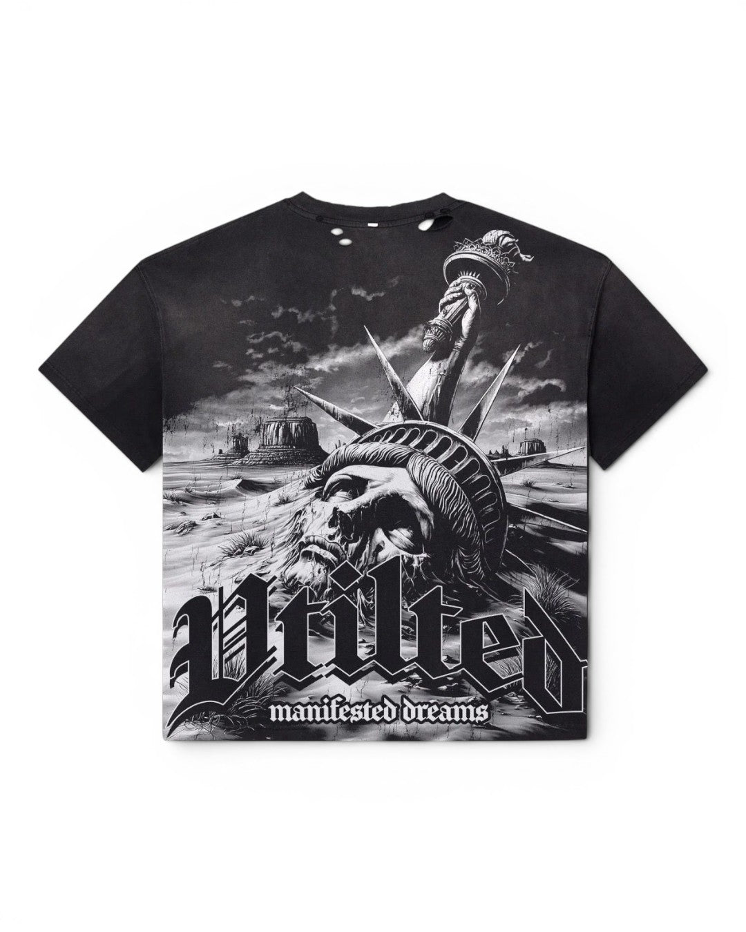 A black short-sleeve graphic T-shirt featuring a monochrome illustration of the Statue of Liberty with a skull face and the text 'Vtilted' and 'manifested dreams' on the front, shown against a plain white background.