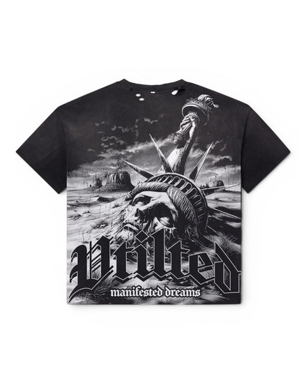A black short-sleeve graphic T-shirt featuring a monochrome illustration of the Statue of Liberty with a skull face and the text 'Vtilted' and 'manifested dreams' on the front, shown against a plain white background.