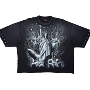 Black t-shirt with a graphic design of a figure between two animal heads on a white background
