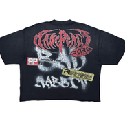 Black t-shirt with graphic design on the back on a white background