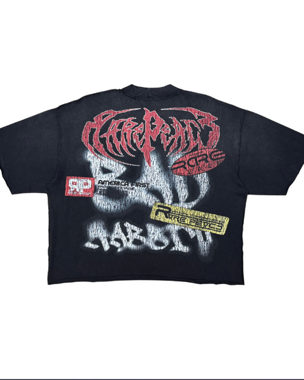 Black t-shirt with graphic design on the back on a white background