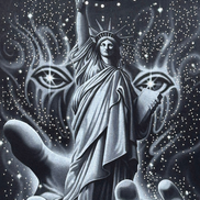 Black t-shirt with a graphic of the Statue of Liberty and mystical elements on a dark background
