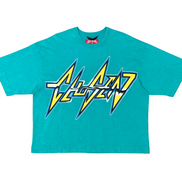 Turquoise t-shirt with a yellow and blue graphic design on a white background