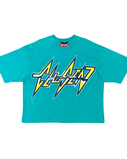 Turquoise t-shirt with a yellow and blue graphic design on a white background