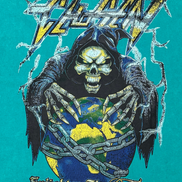 T-shirt with a graphic of a skeleton holding a world map, surrounded by text and symbols on a teal background.