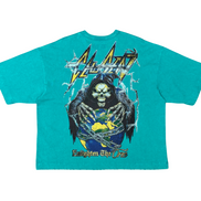 Teal t-shirt with graphic design of a skeleton and text on a white background
