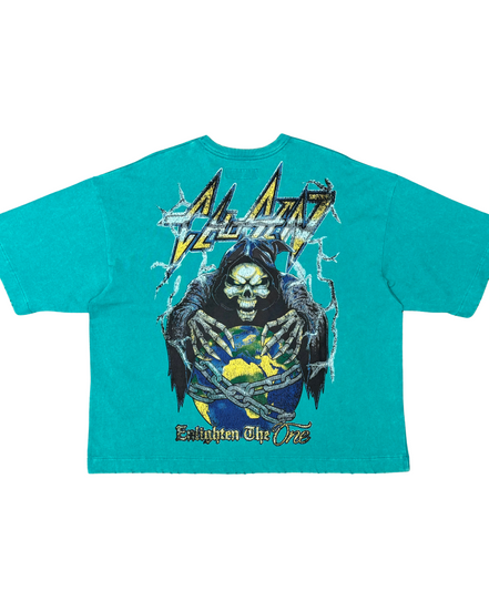 Teal t-shirt with graphic design of a skeleton and text on a white background
